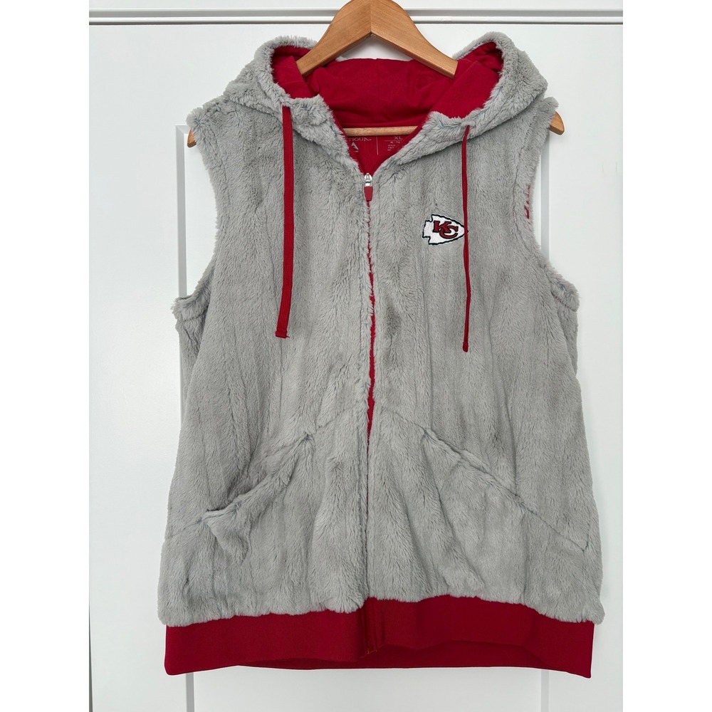 Antigua Kansas City Chiefs Sports Glam XL Faux Fur Hooded Vest Grey Red NFL